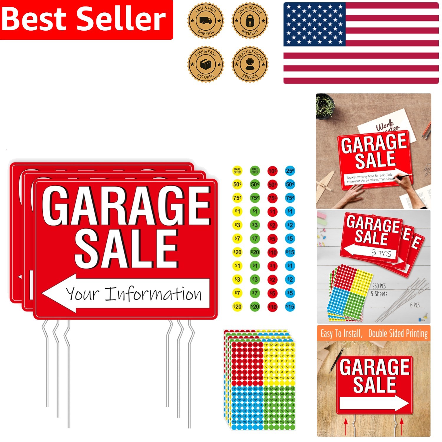 3 Pack Garage Sale Signs Double Sided w/ Stakes & Labels, Neon Plastic