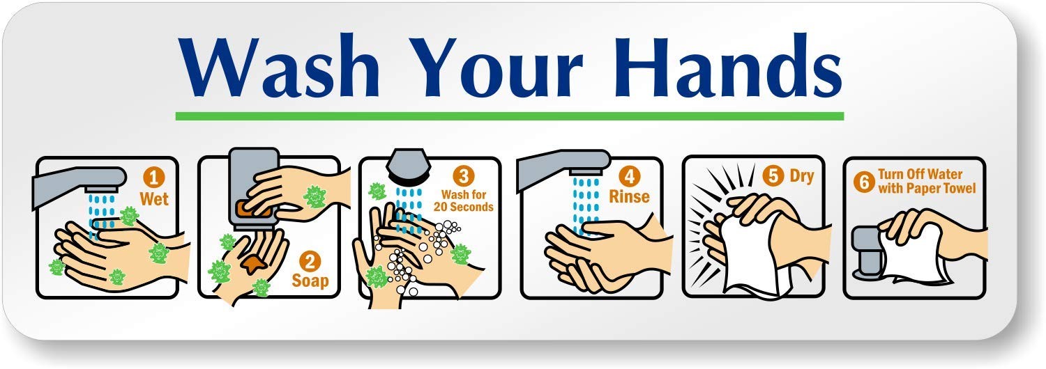 2 x 6 inch “Wash Your Hands” Hand Washing Instructions Sign with Adhesive Bac…