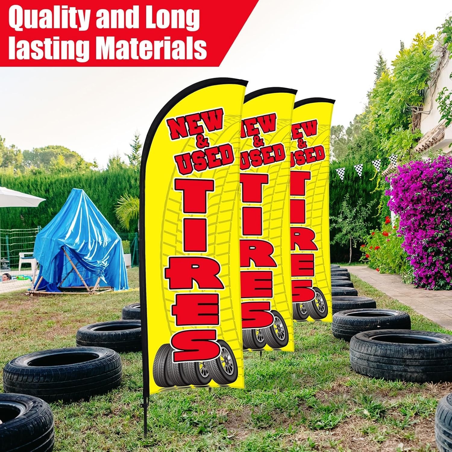 3 Sets Tires Shop Feather Flags with Poles 7ft New and Use Tires Flags for Busin