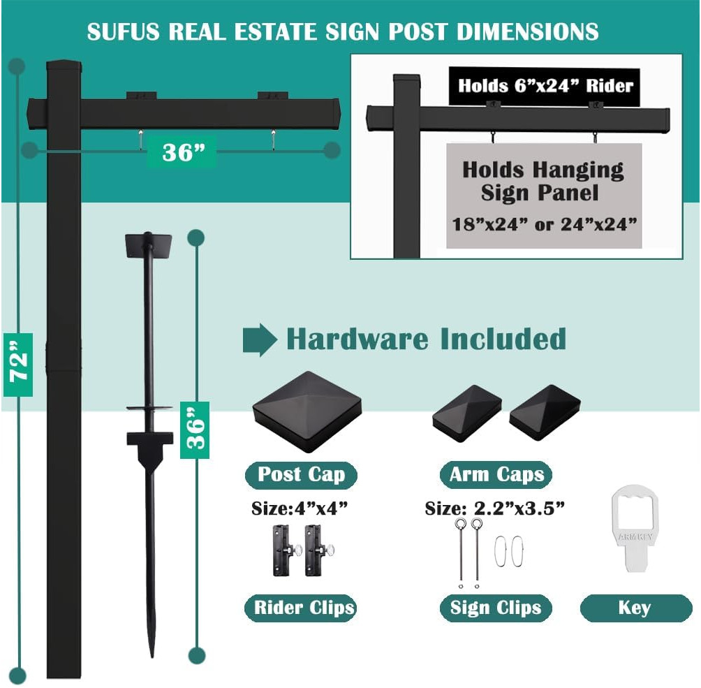 Black Real Estate Sign Post Vinyl PVC Flat Cap 6ft. (4&Prime;x 4&Prime;x 72&Prime;) Realtor Sign