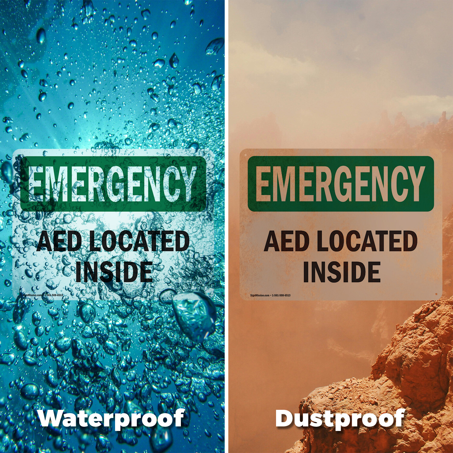 (2 Pack) AED Located Inside OSHA Emergency Sign Decal Metal Plastic