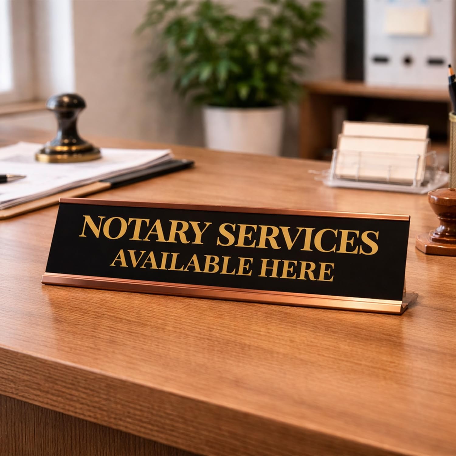Signs ByLITA Notary Services Available Here Gold Frame Desk Sign (2×8&Prime;)