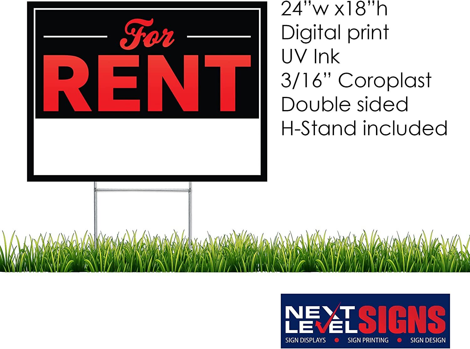 NEXT LEVEL SIGNS For Rent Yard Signs 24&Prime; W x 18&Prime; H Double Sided Waterproof