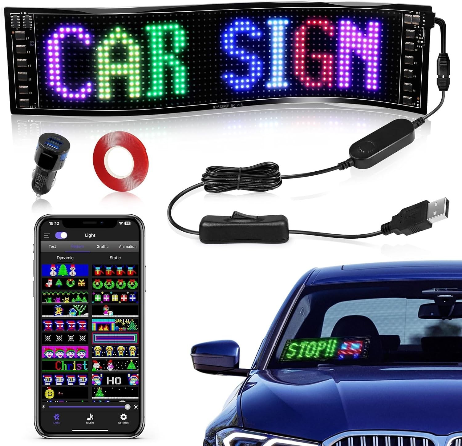 LED Sign for Car, Flexible Bright LED Signs with USB Bluetooth Smart APP Control
