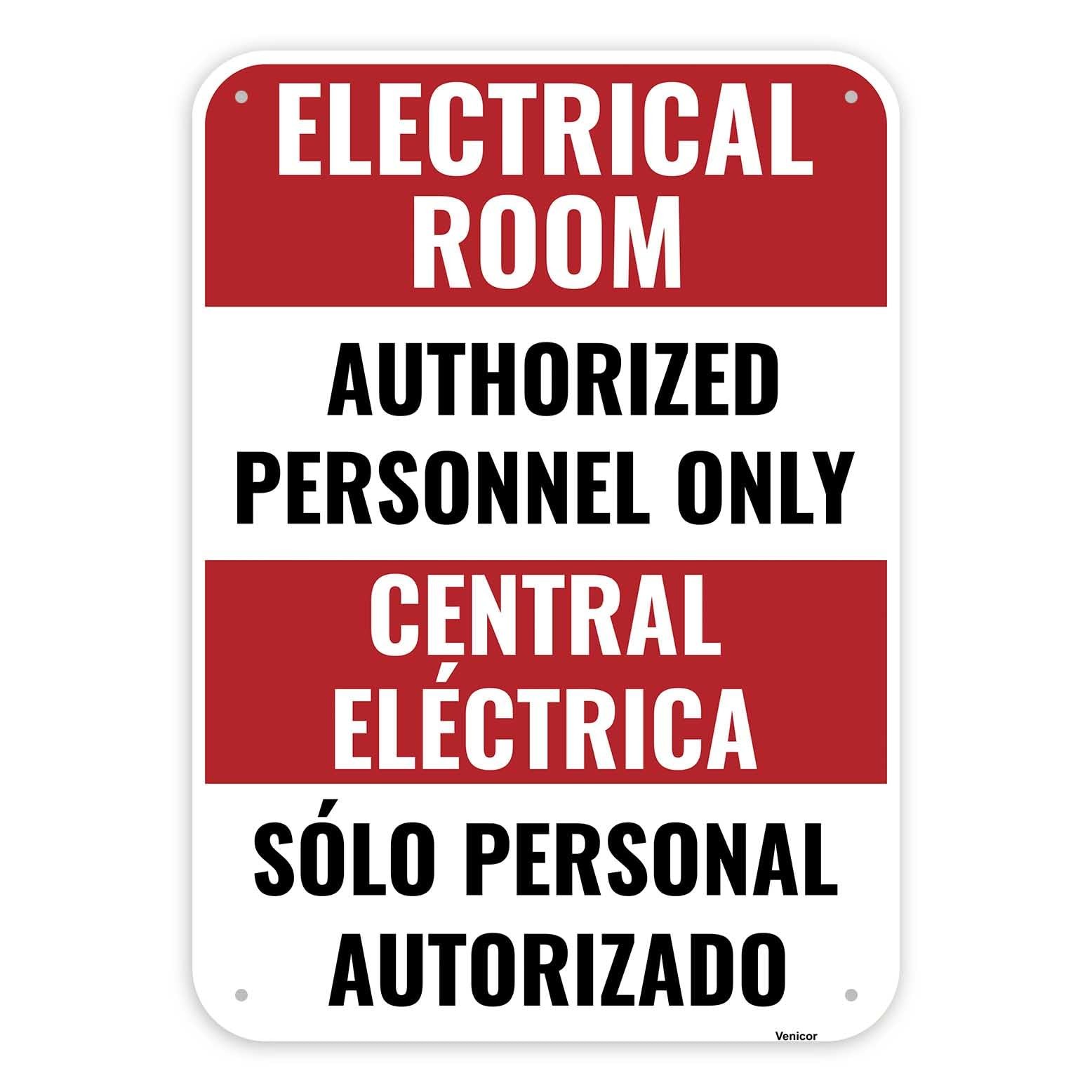 1 PC Bilingual Aluminum Electrical Room Sign Authorized Personnel 14×10 Inch
