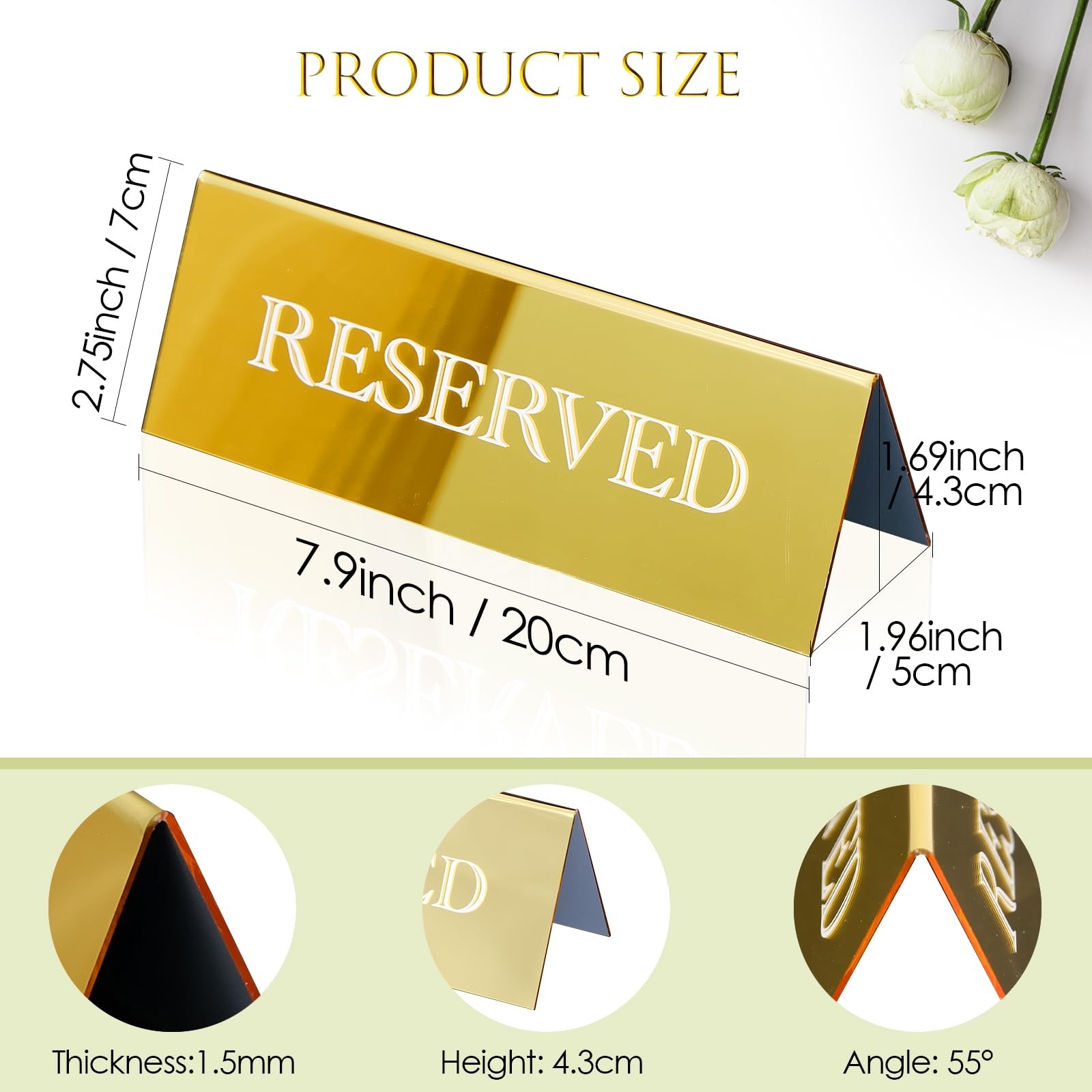 6 PCS 7.9×2.7 Inch Gold Mirror Acrylic Reserved Table Tent Seating Signs