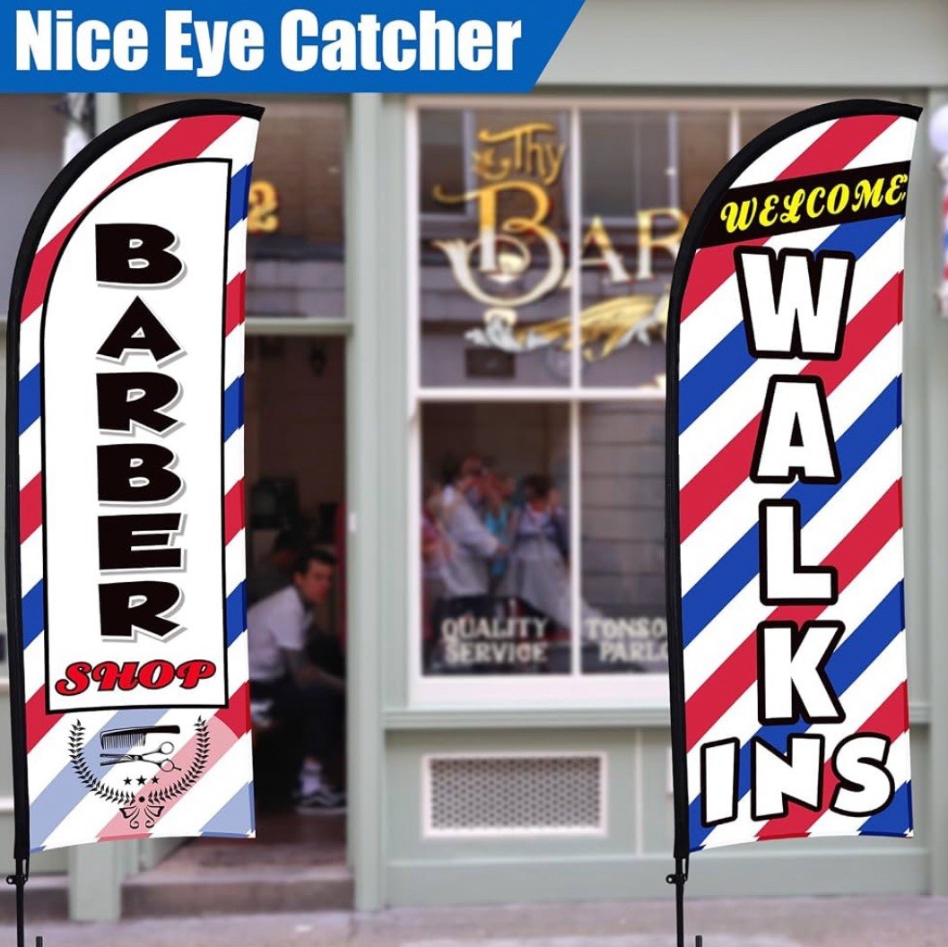 3 Set Barber Flag Walk Ins Welcome Barbershop Swooper Flag Poles, 12 FT x 2 FT