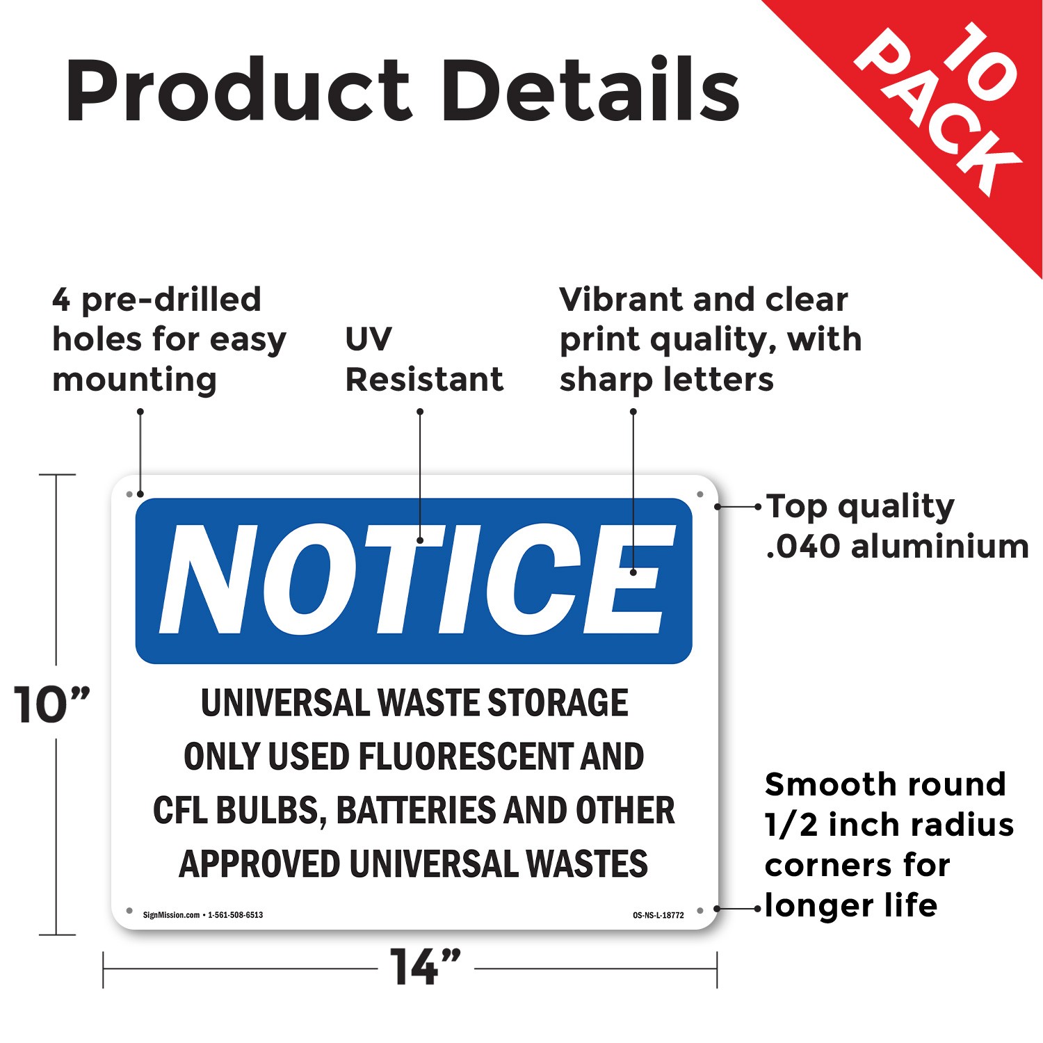 Universal Waste Storage Only Used Fluorescent OSHA Notice Sign, Decal 5/10 Pack