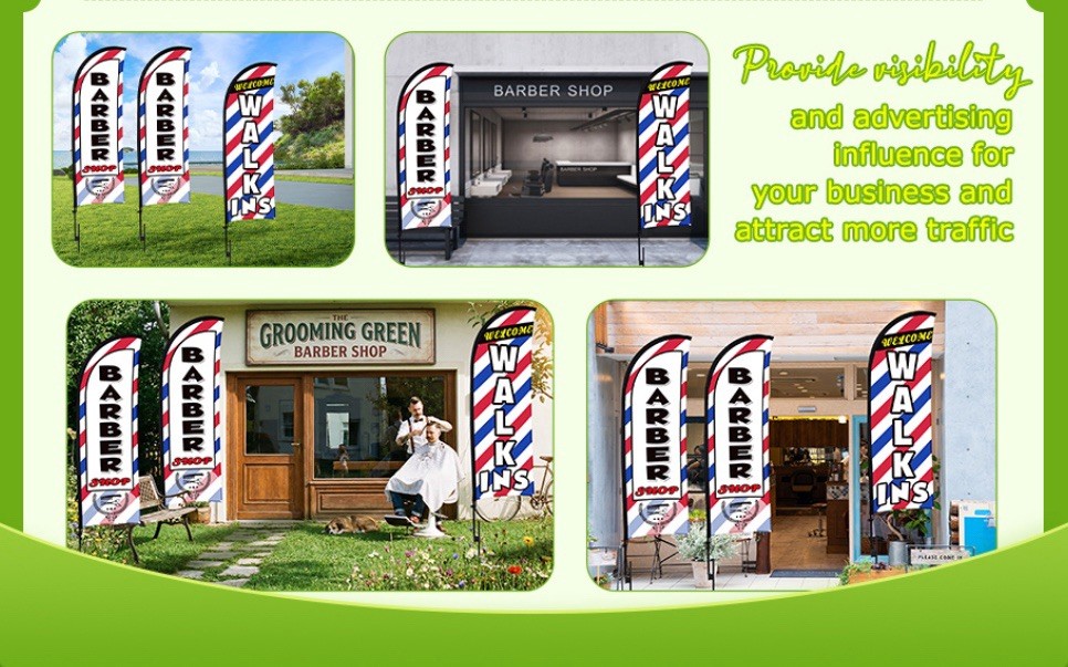3 Set Barber Flag Walk Ins Welcome Barbershop Swooper Flag Poles, 12 FT x 2 FT