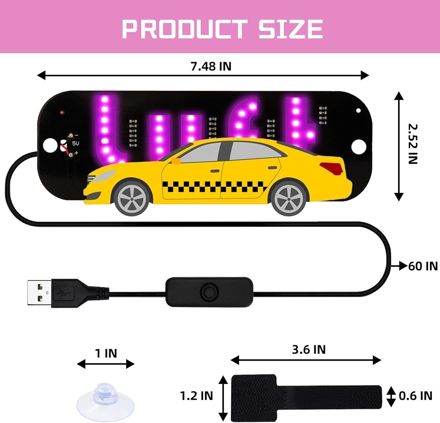USB LED Light Sign for Drivers,Windshield Taxi Sign with Scrolling Display, Easy