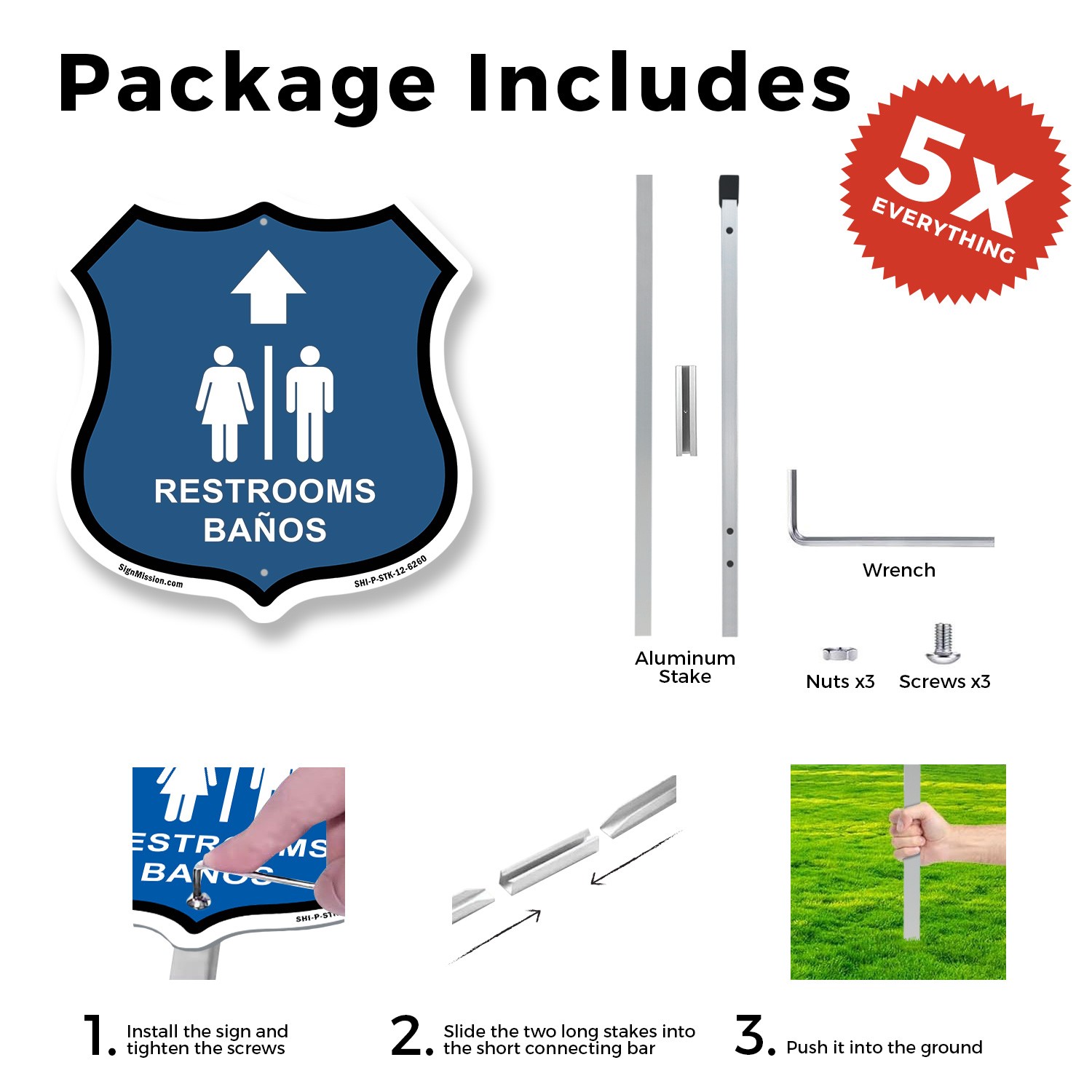 Restrooms Ba�os Up Arrow Bilingual English / Spanish Shield Sign With Stake