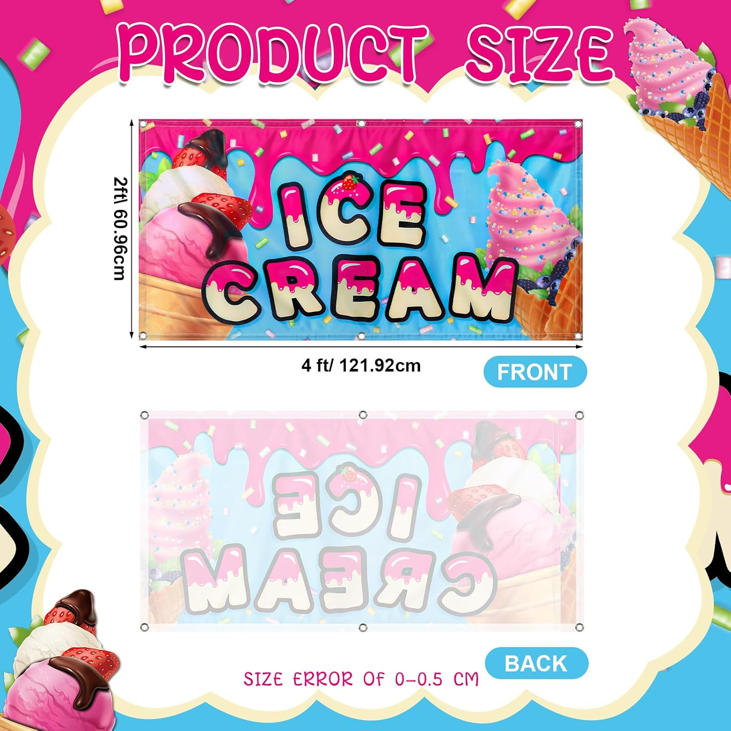 2X4 Feet Ice Cream Banner Sign Polyester Fabric Ice Cream Feather Flag for Summe