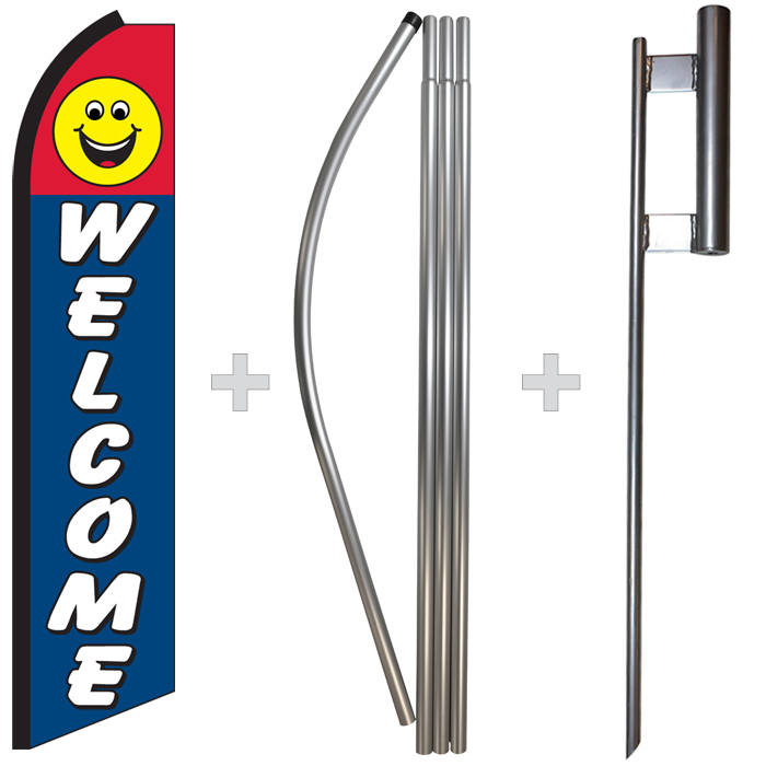 Welcome Smiley Face 15&prime; Tall Swooper Flag & Pole Kit Feather Super Bow Banner