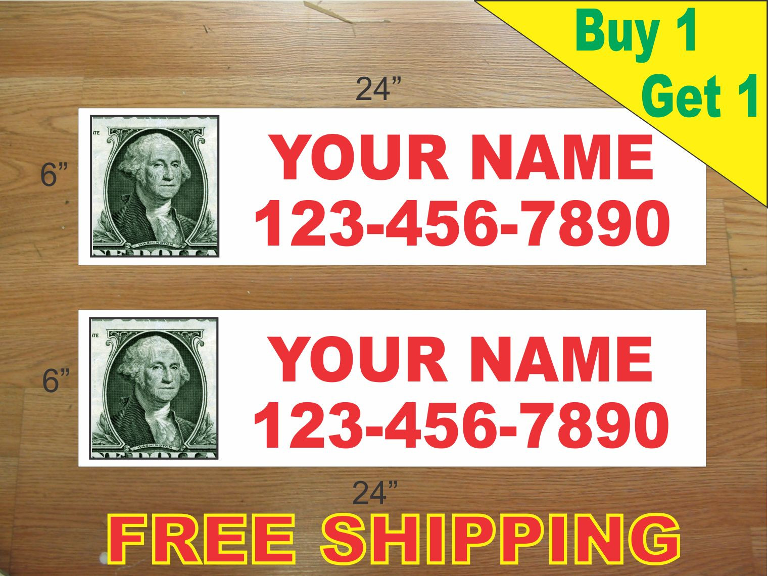 CUSTOM PHOTO Red Text 6&Prime;x24&Prime; REAL ESTATE RIDER SIGNS Buy 1 Get 1 FREE 2 Sided