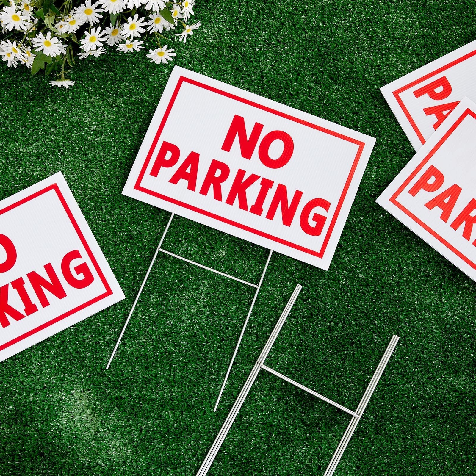 4 Pcs Double-Sided No Parking Yard Signs with Stakes – 12×16 Inches, Waterproof,