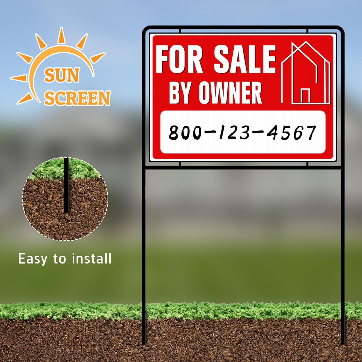 For Sale by Owner Yard Sign with Stakes, 30 Inches High, Double-Sided Printing,