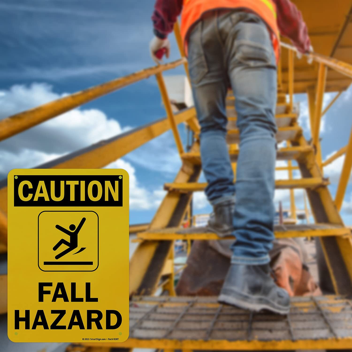 10×7 inch Caution Fall Hazard OSHA Sign with Symbol 55 mil HDPE Plastic