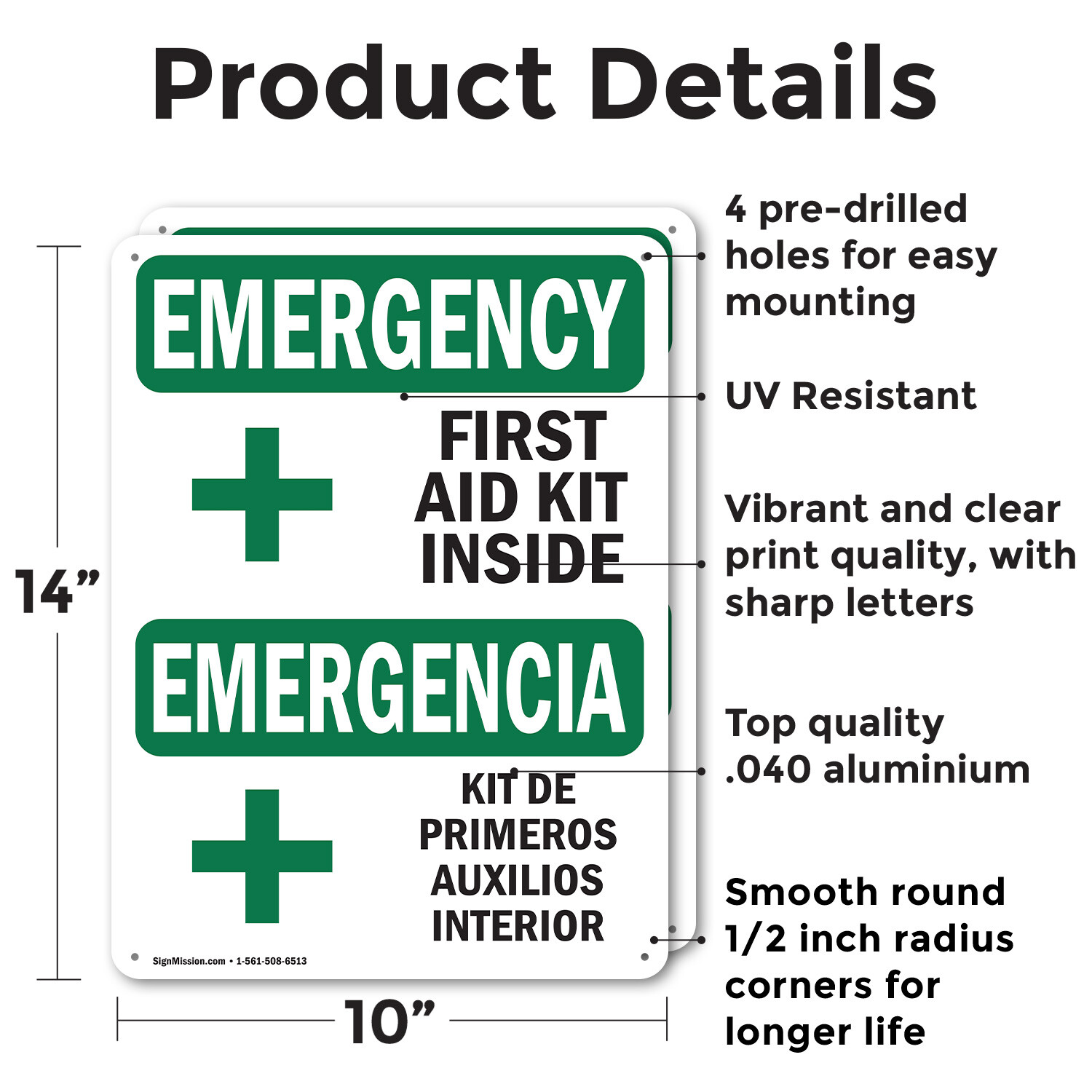 (2 Pack) First Aid Kit Inside Bilingual OSHA Emergency Sign Decal Metal Plastic