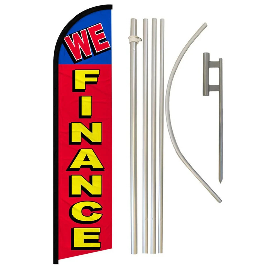 We Finance Windless Full Curve Advertising Auto Finance Banner Flag & Pole Kit