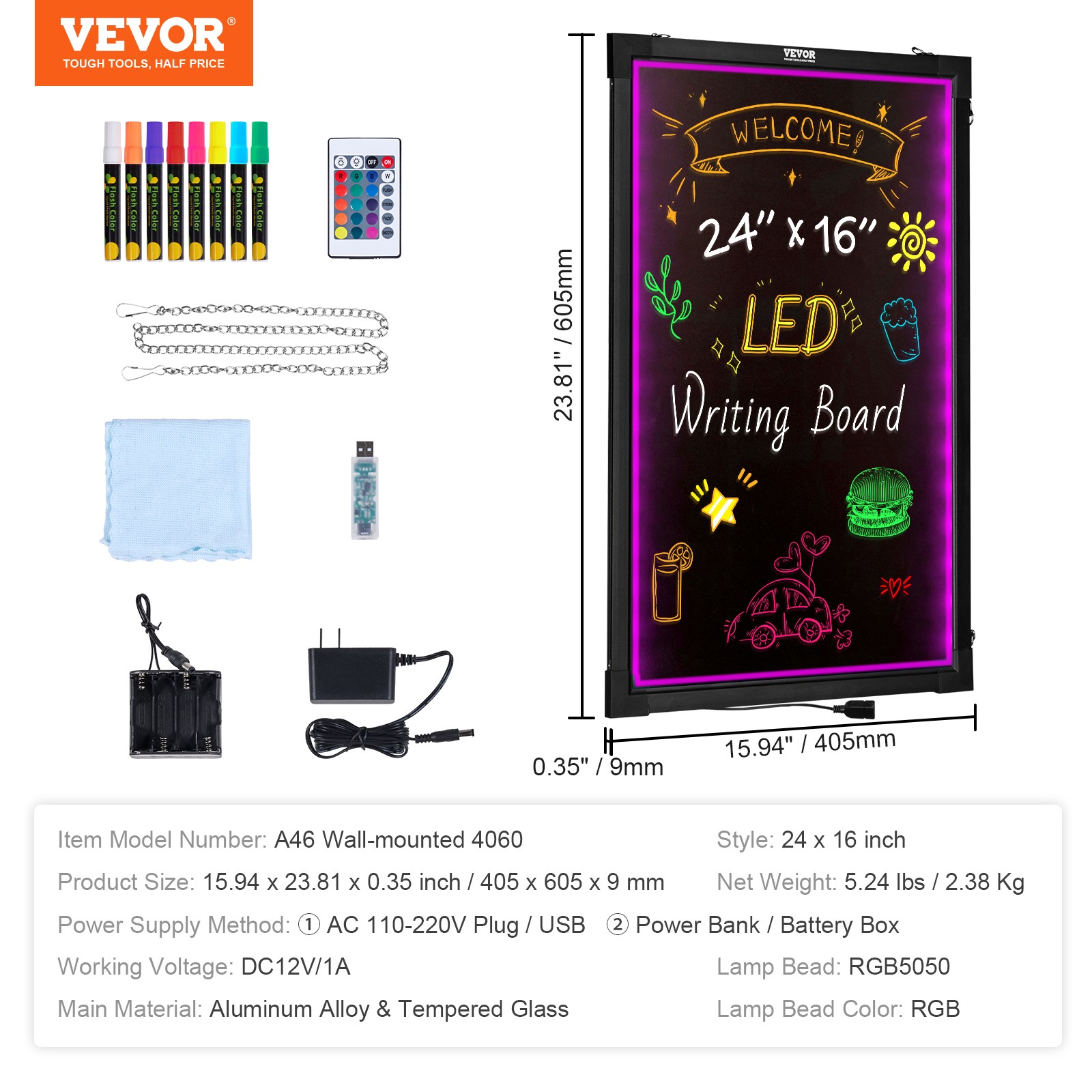 VEVOR LED Message Writing Board 24&Prime;x16&Prime; Illuminated Erasable Lighted Chalkboard