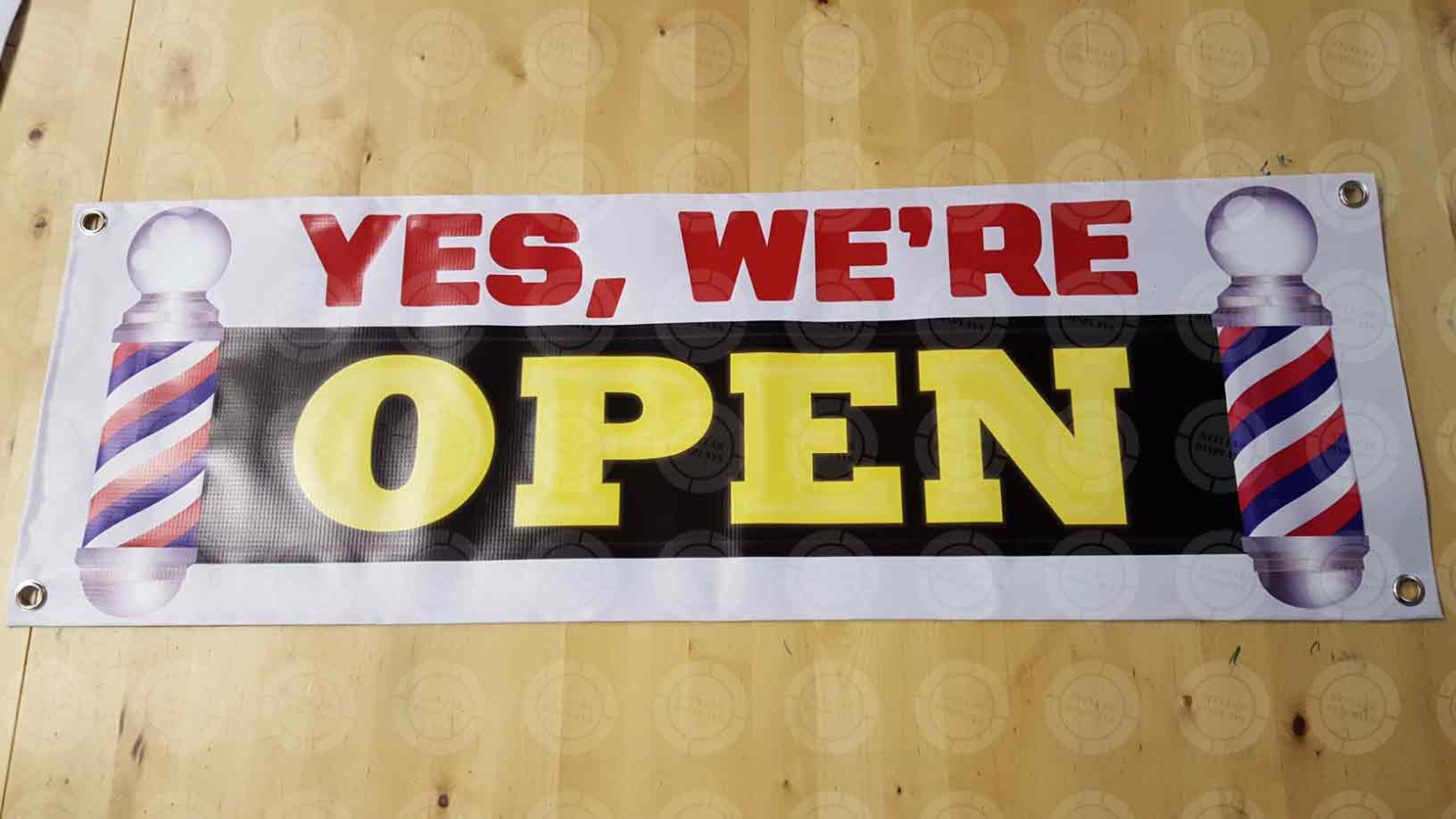 YES WE&rsquo;RE OPEN Banner Barbershop On Duty Sign Hiring Display Barber Pole Cheap