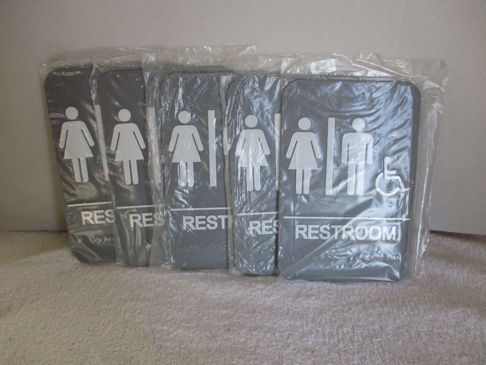 LOT OF 5 BATHROOM SIGNS ADA BRAILLE ADHESIVE GRAY MEN WOMEN HANDICAP RESTROOM