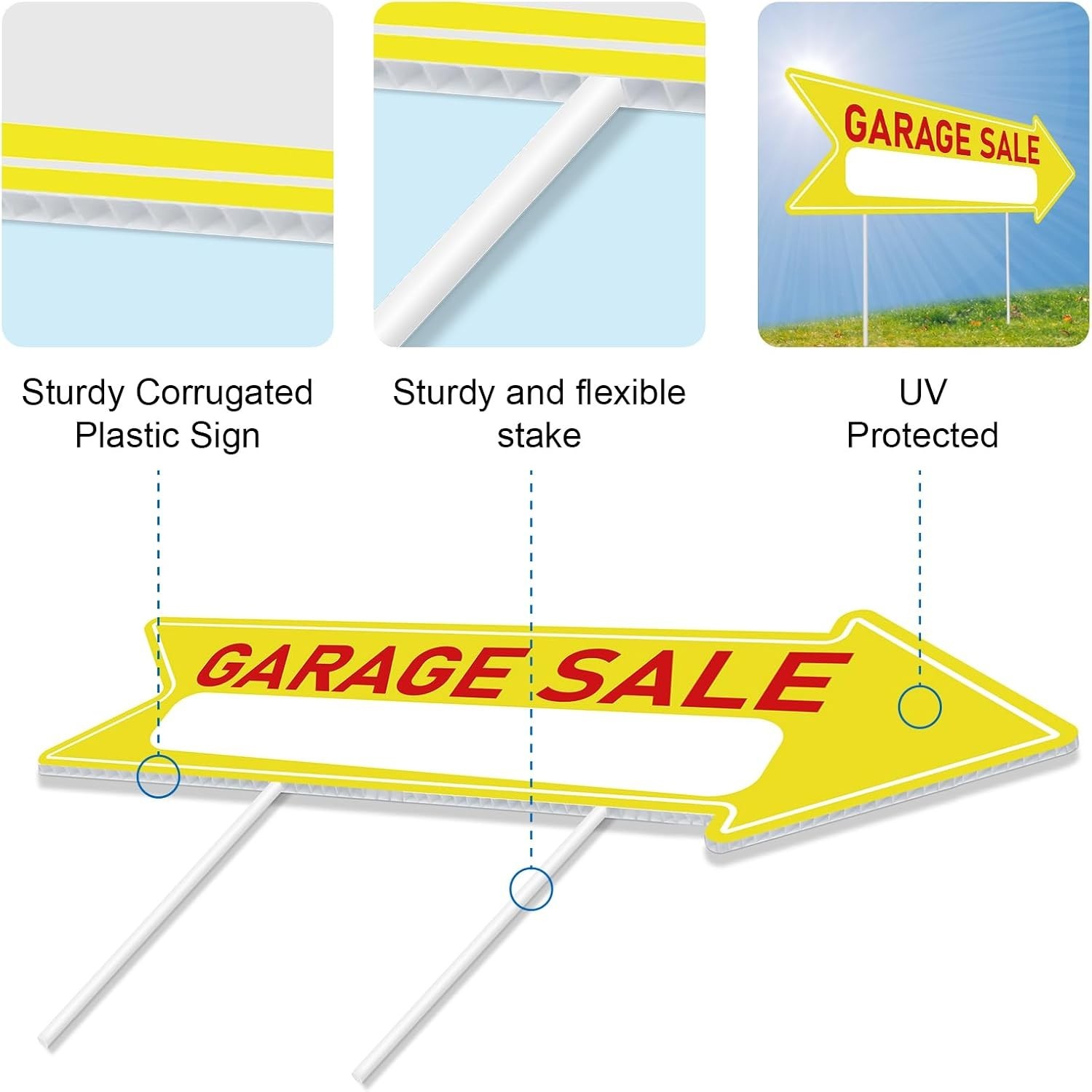 Large 17 x 6 Inch Garage Sale Arrow Signs with 12 Stakes – Instant Attention