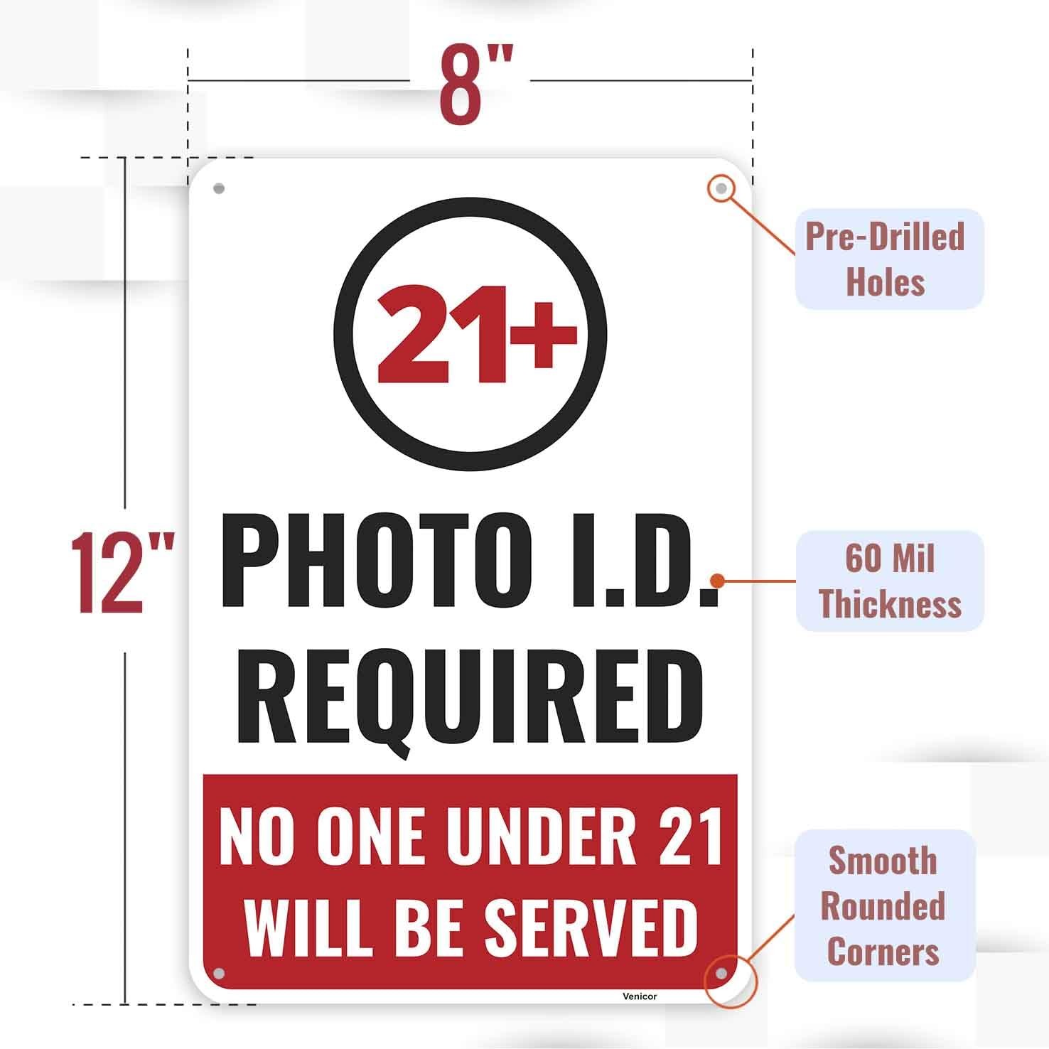 21+ Photo ID Required Sign 12×8 Inch Aluminum Notice Board Warning 1 PC Set