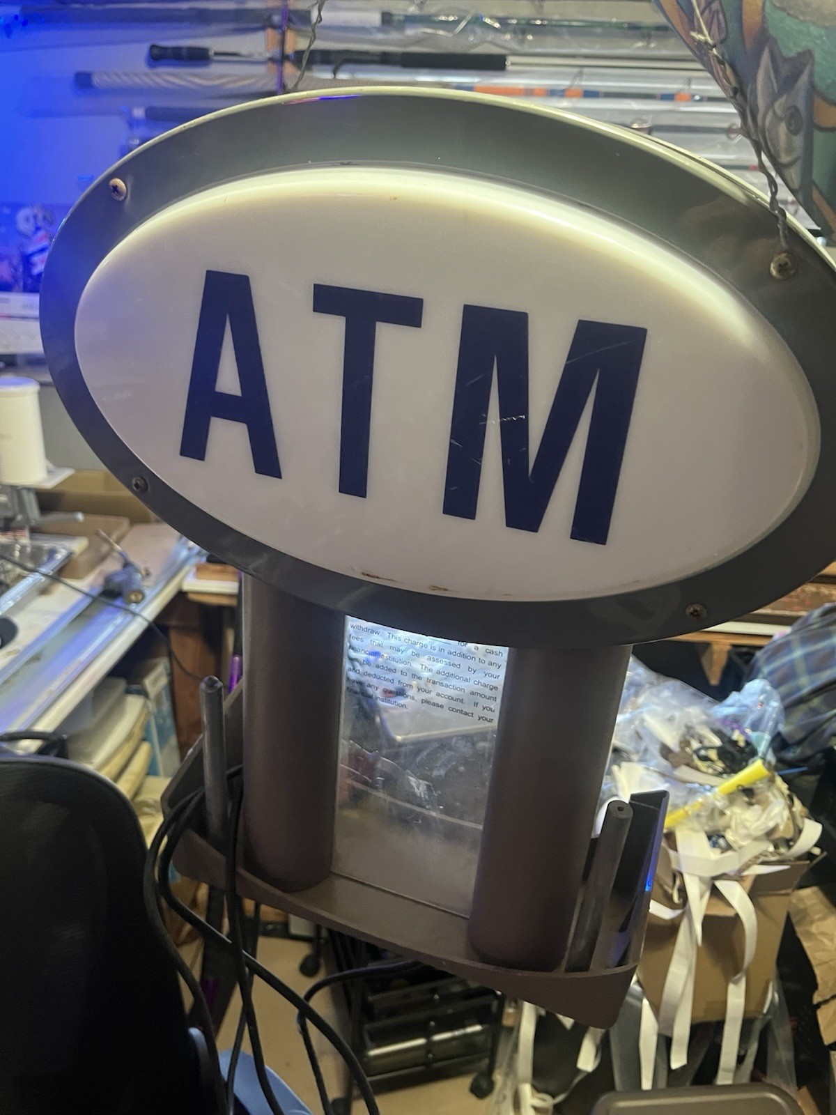 ATM Illuminated Electric Hanging Plastic Sign 15&Prime; x 19&Prime; White Gray Blue Frame