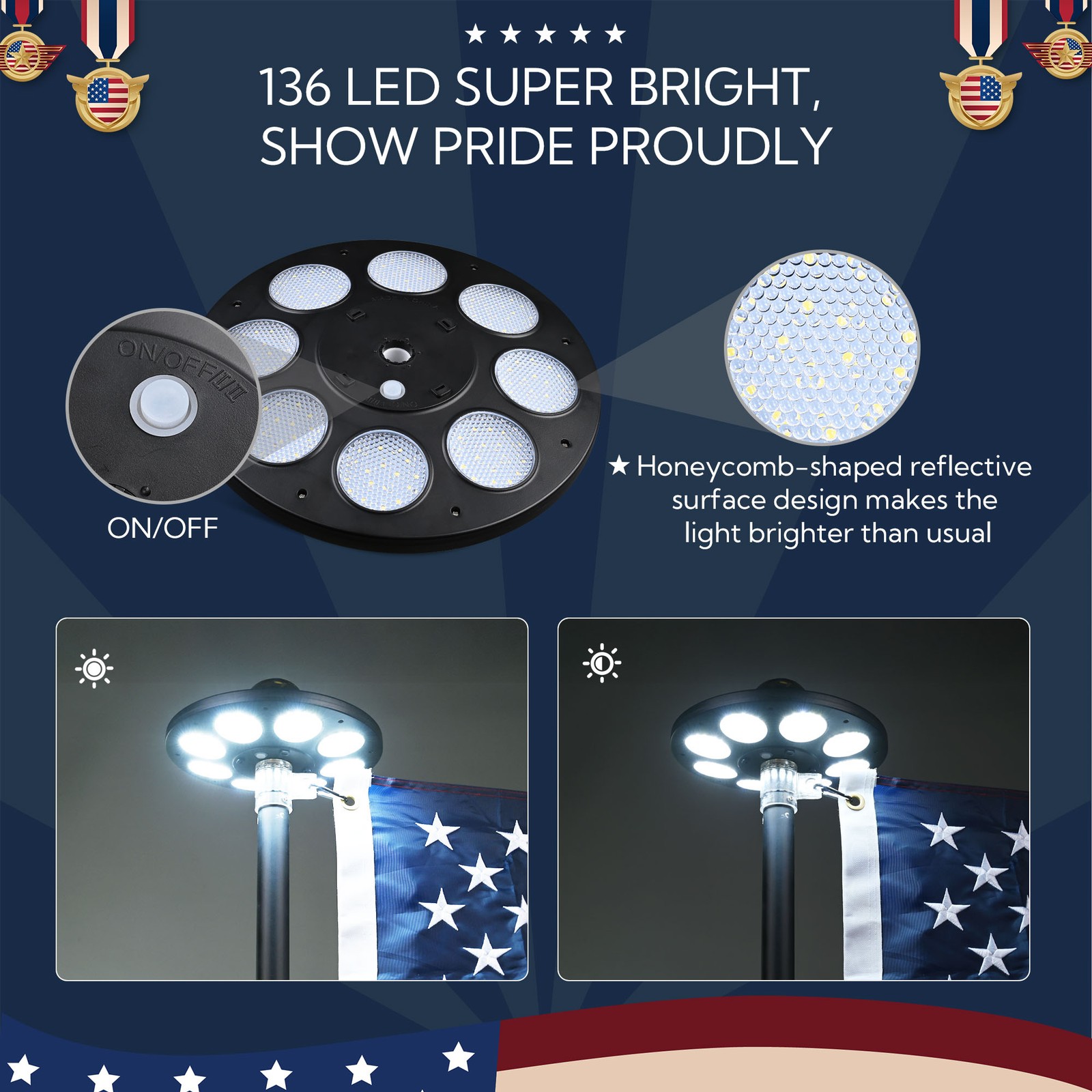 Yescom EZ GO 20&prime; Telescopic Flag Pole Kit Solar Light US Flag Eagle Topper Black