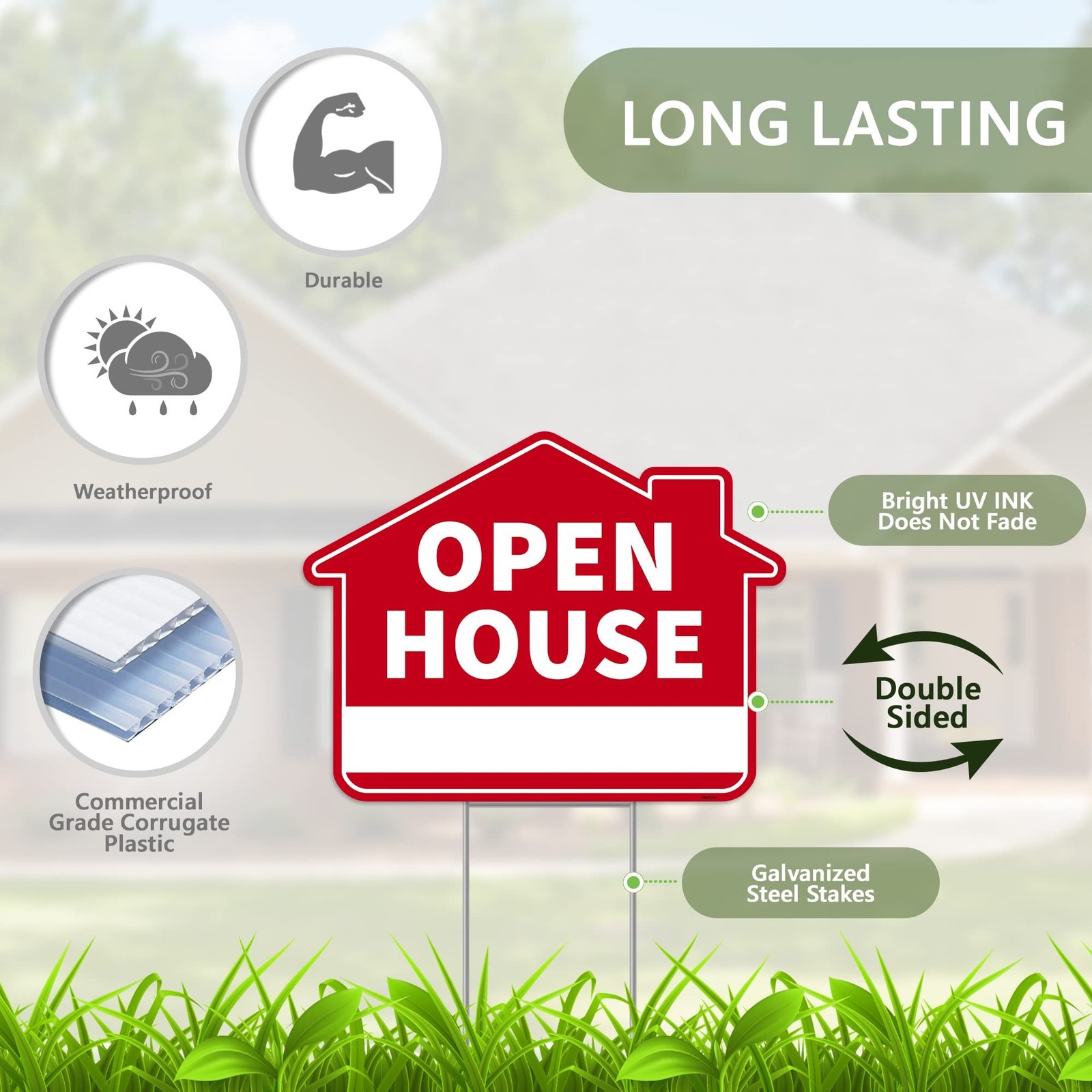 3PC Open House Sign with Stakes, 17 Inches by 13 Inches – Double Sided Signs …