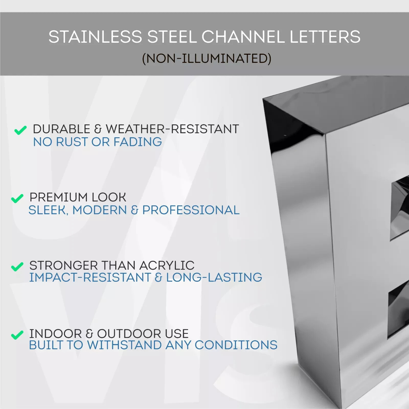 Non-Illuminated Stainless Steel Channel Letters Sign, Custom Metal Business Sign