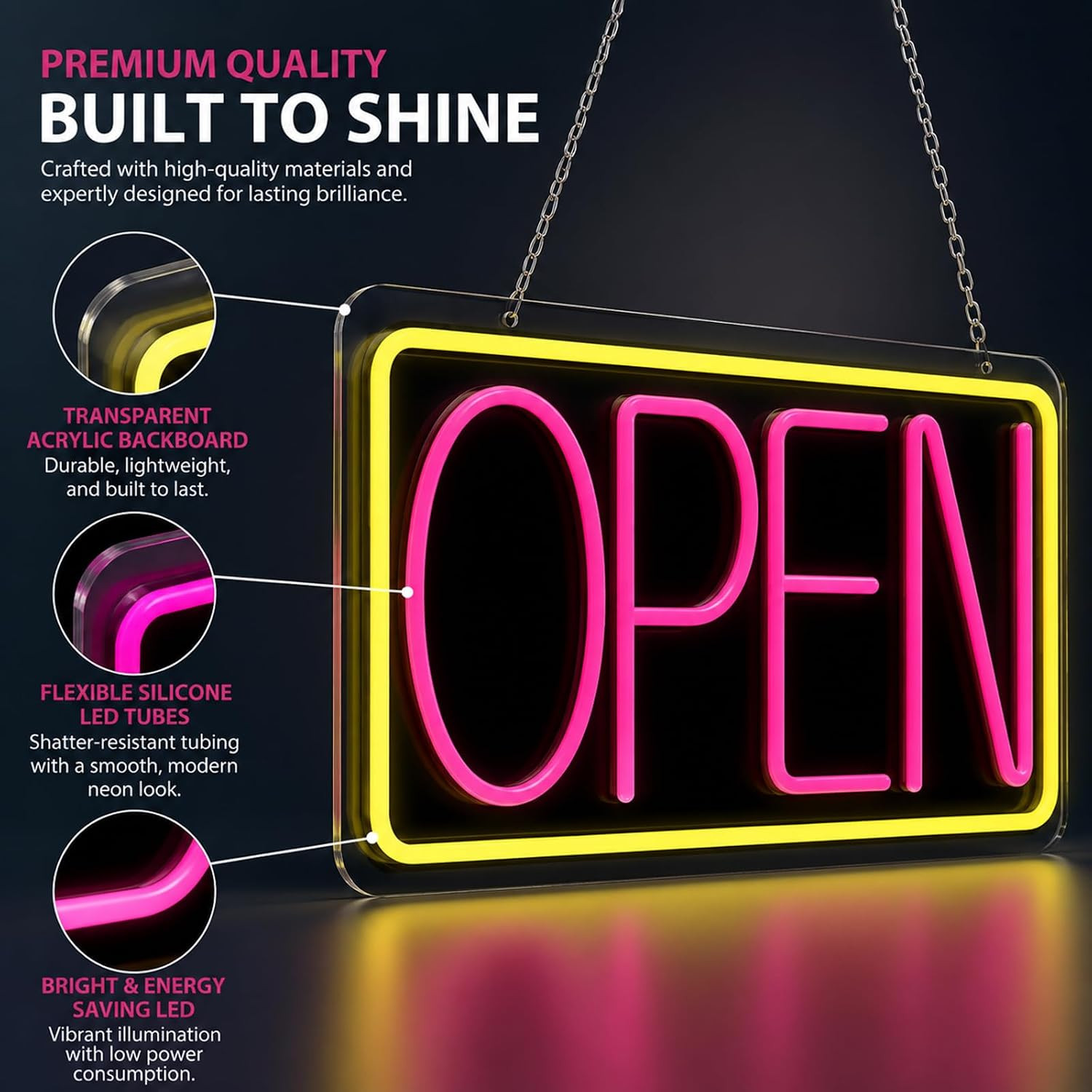 LED Open Sign Neon Light 17&Prime; X 9.3&Prime; for Business Window Yellow + Rose Red