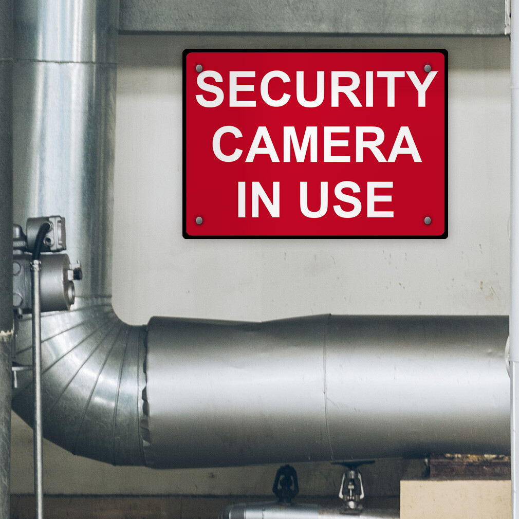 Horizontal Metal Sign Security Camera in Use White on Red Video Surveillance