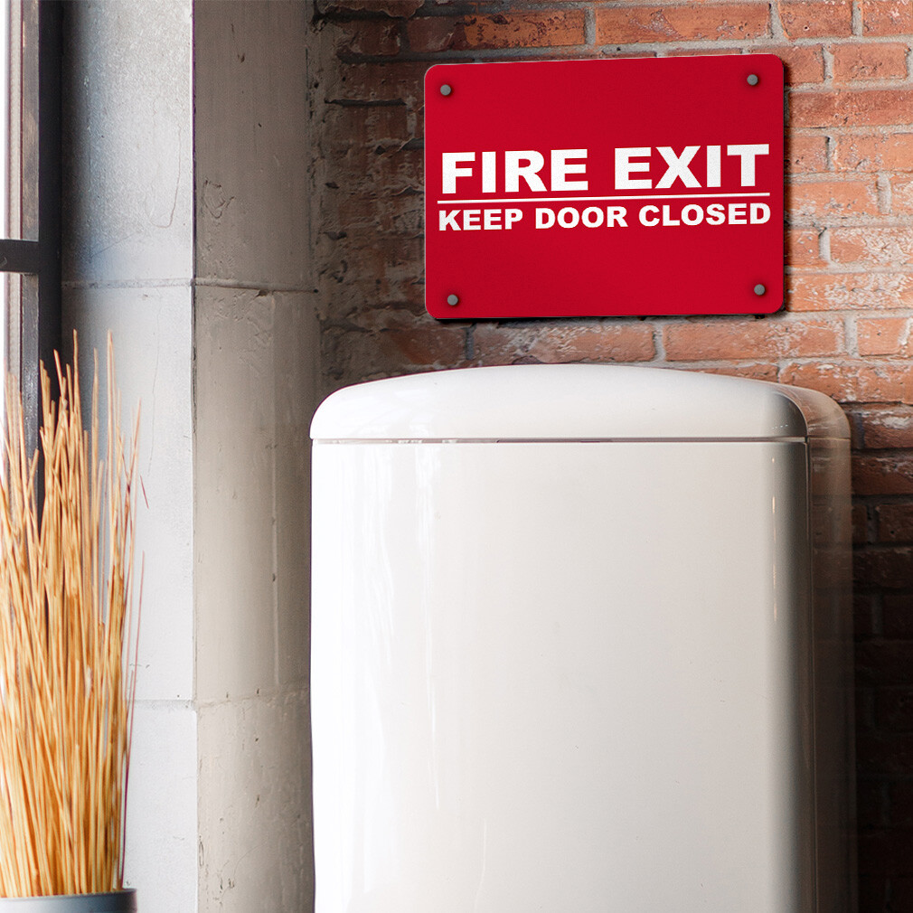 Aluminum Horizontal Metal Sign Fire Exit Keep Door Closed Security Red