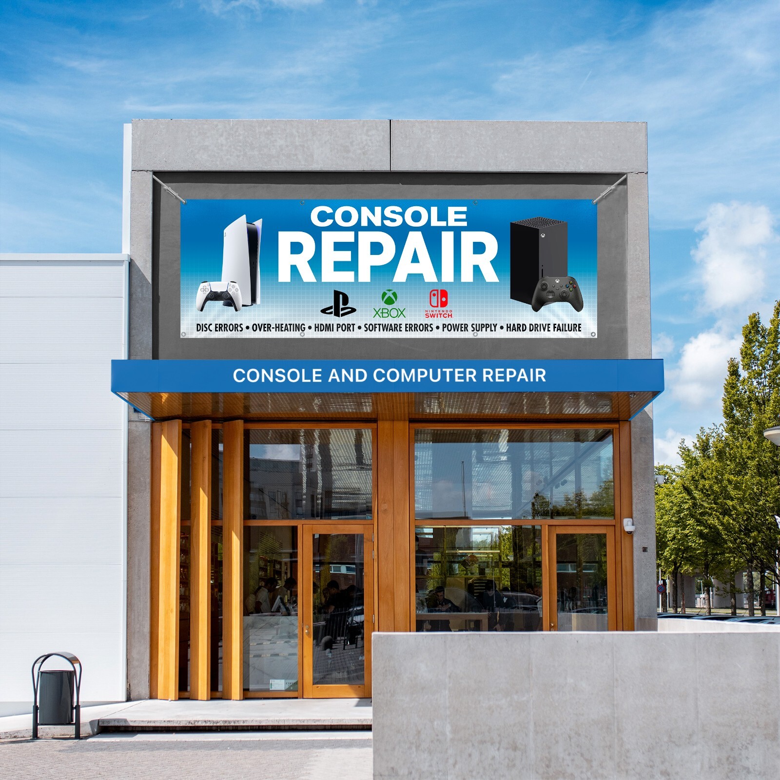 Game Console Repair Nintendo Switch Wii Xbox PS5 retro video game vinyl banners