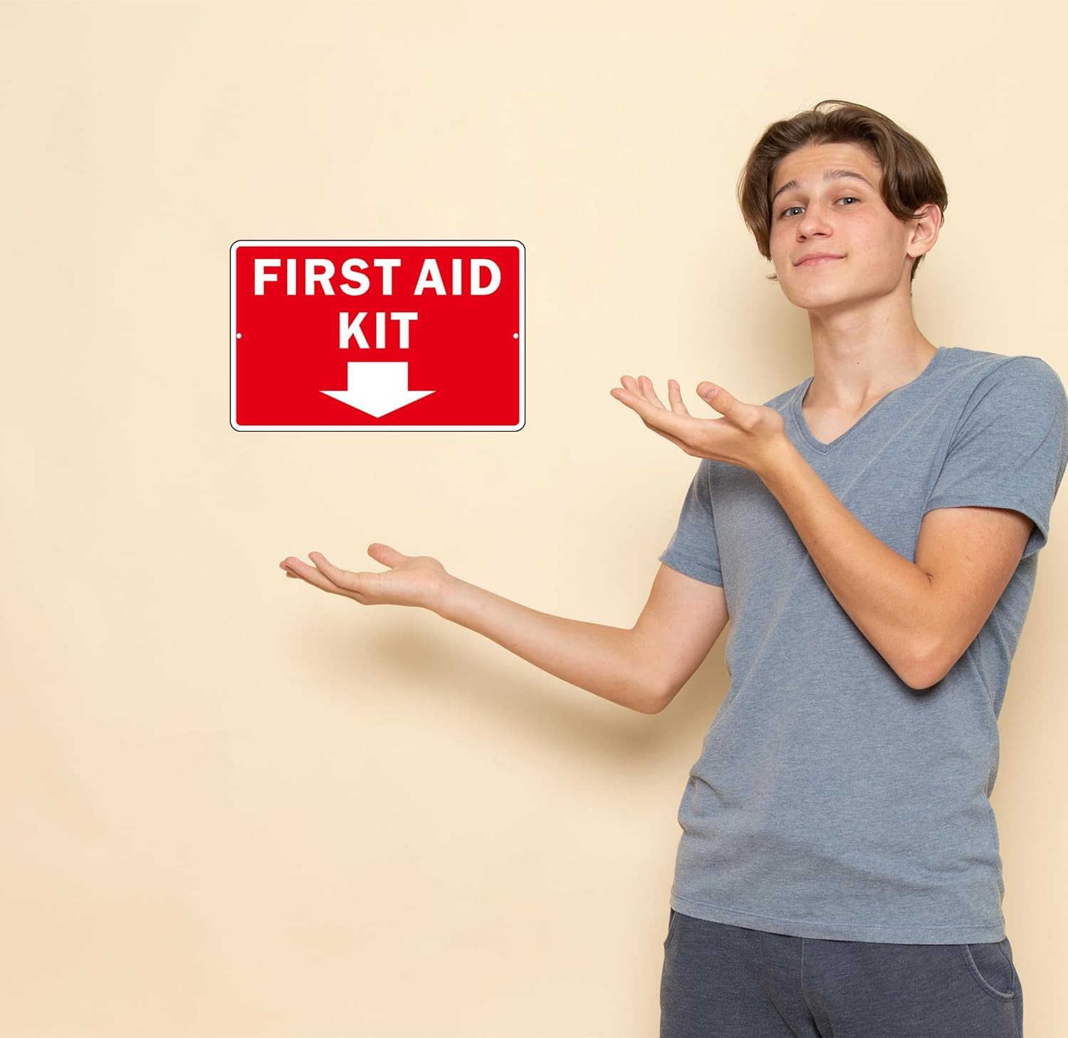 , (2 Pack) Self Adhesive First Aid Kit Sign for Wall, Aluminum Metal Signs with