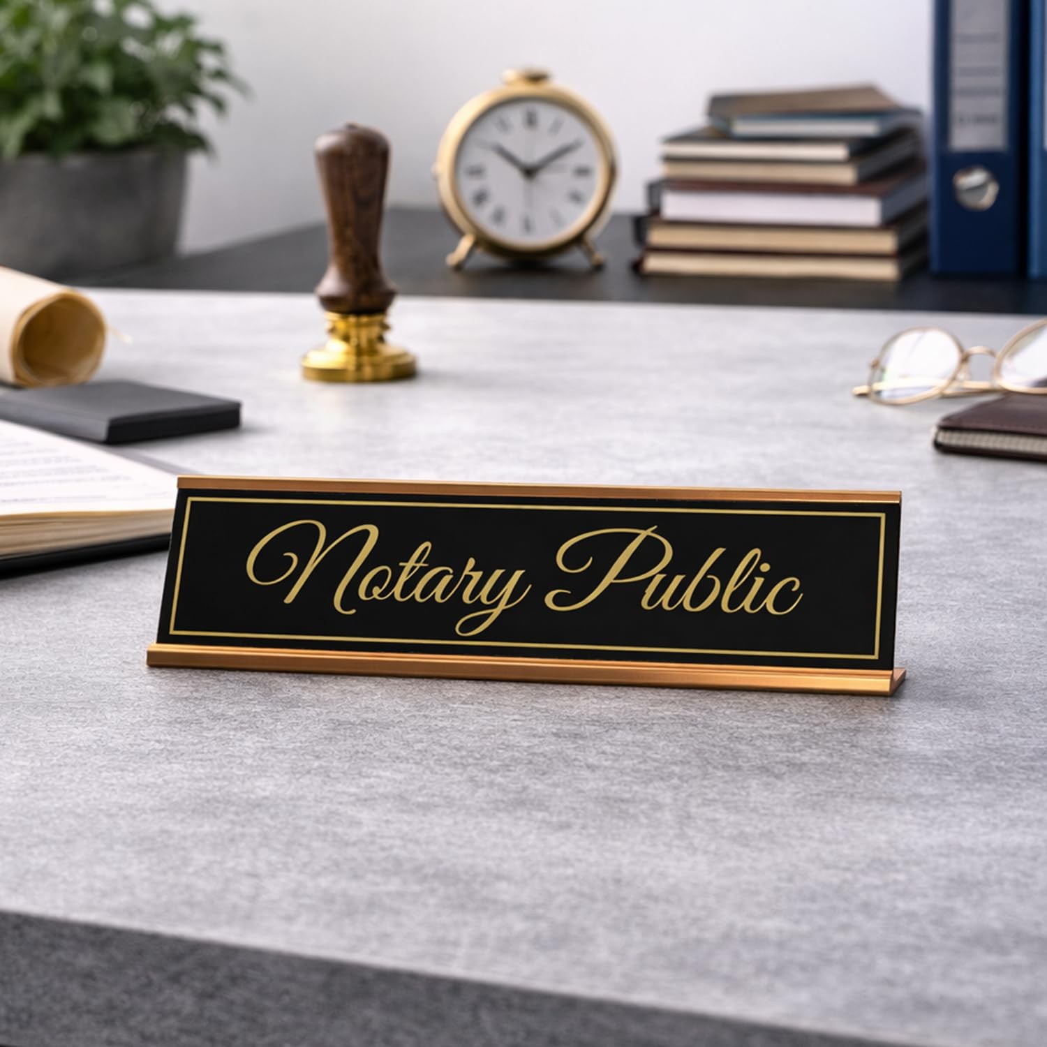 Signs ByLITA Notary Public Gold Frame Desk Sign (2×8&Prime;)