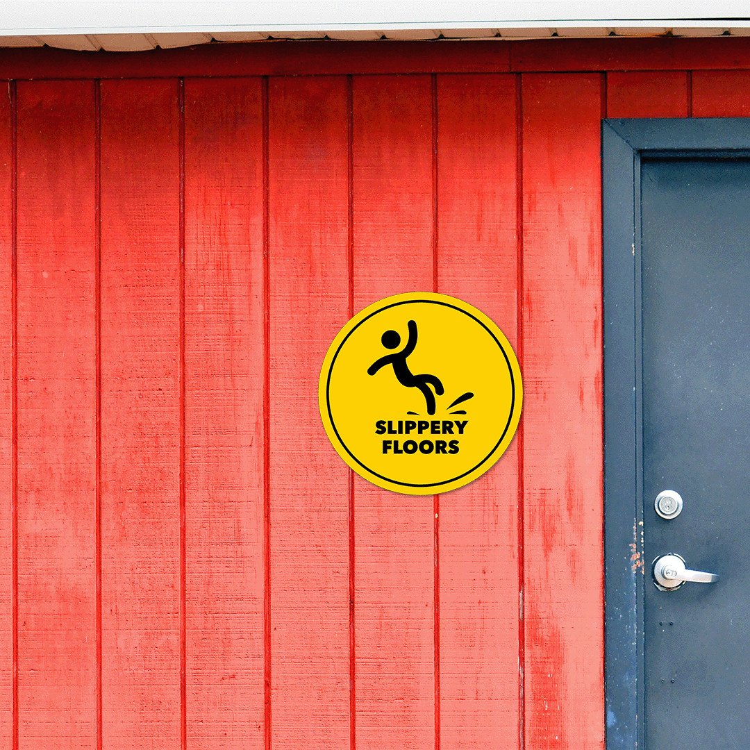 Circle Plus Slippery Floors Wall or Door Sign | Easy Installation