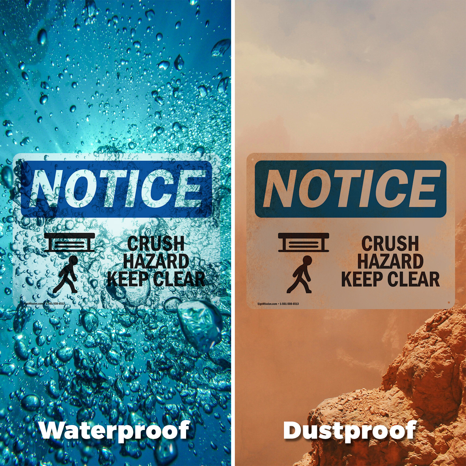 (2 Pack) Crush Hazard Keep Clear OSHA Notice Sign Decal Metal Plastic