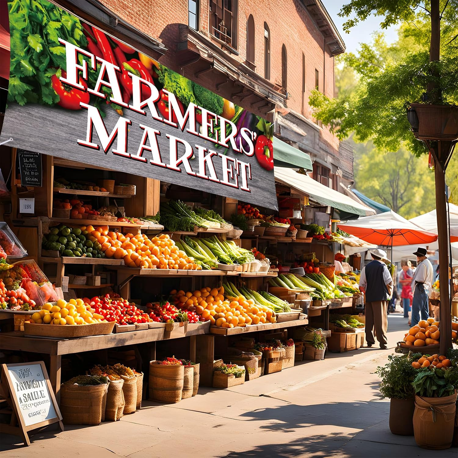 3X8 Ft Farmers&rsquo; Market Polyester Banner Sign with 4 Holes 1 Ribbon for Easy Hang