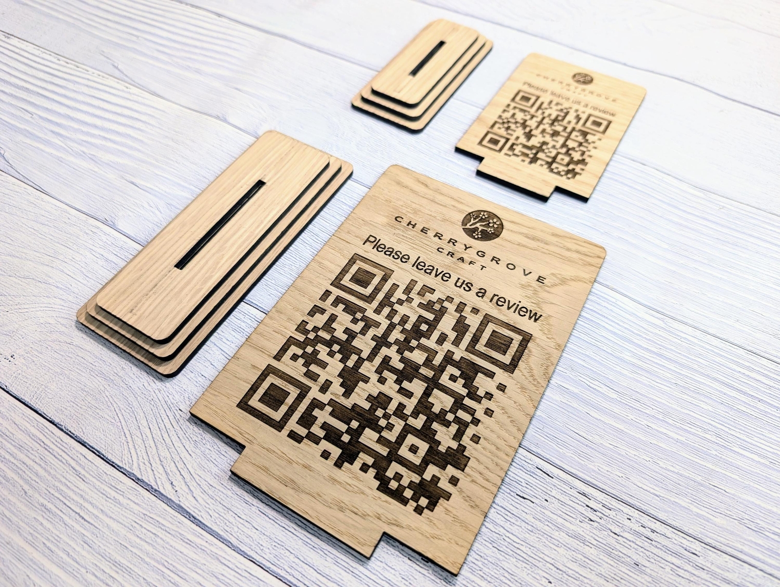 QR Code &lsquo;Leave us a review&rsquo; Custom Wooden Table Signs, Personalised Logo & Link