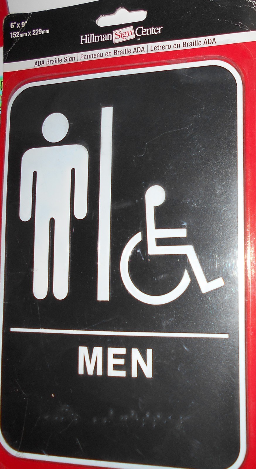 2 Restroom – Men & Wheelchair Pic Signs. 6&Prime; x 9&Prime; Self Adhesive Braille too #NM3