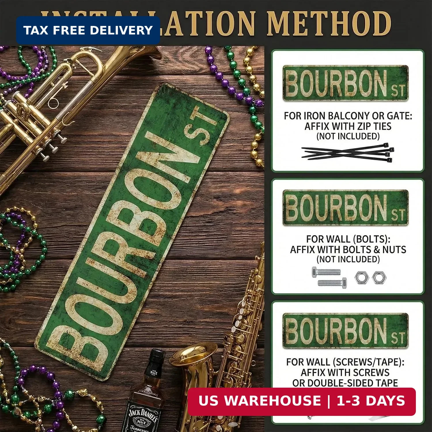 Vintage Bourbon Street Metal Sign 4×15 inch | Rust-Free Aluminum New Orleans Wal