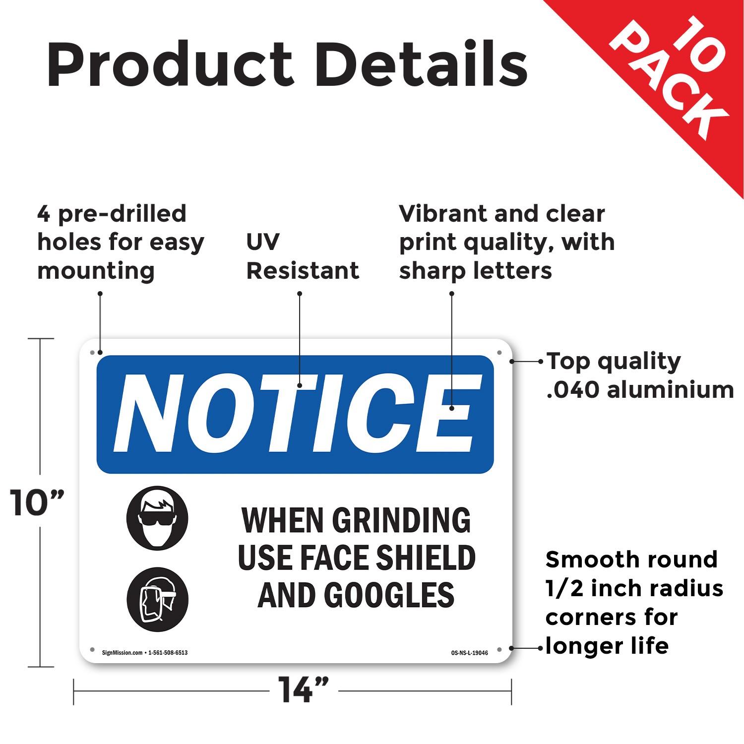 When Grinding Use Face Shield OSHA Notice Sign Metal Plastic, Decal 5 or 10 Pack