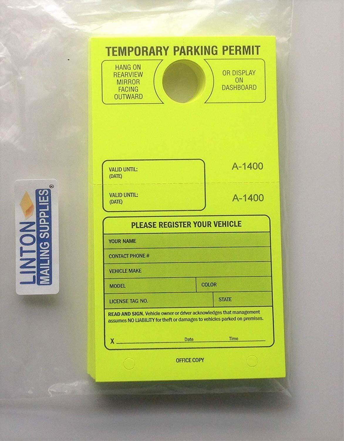 Temporary Parking Permit,7-3/4&Prime; x 4-1/4&Prime;, Bright Fluorescent Yellow – Pack of 50