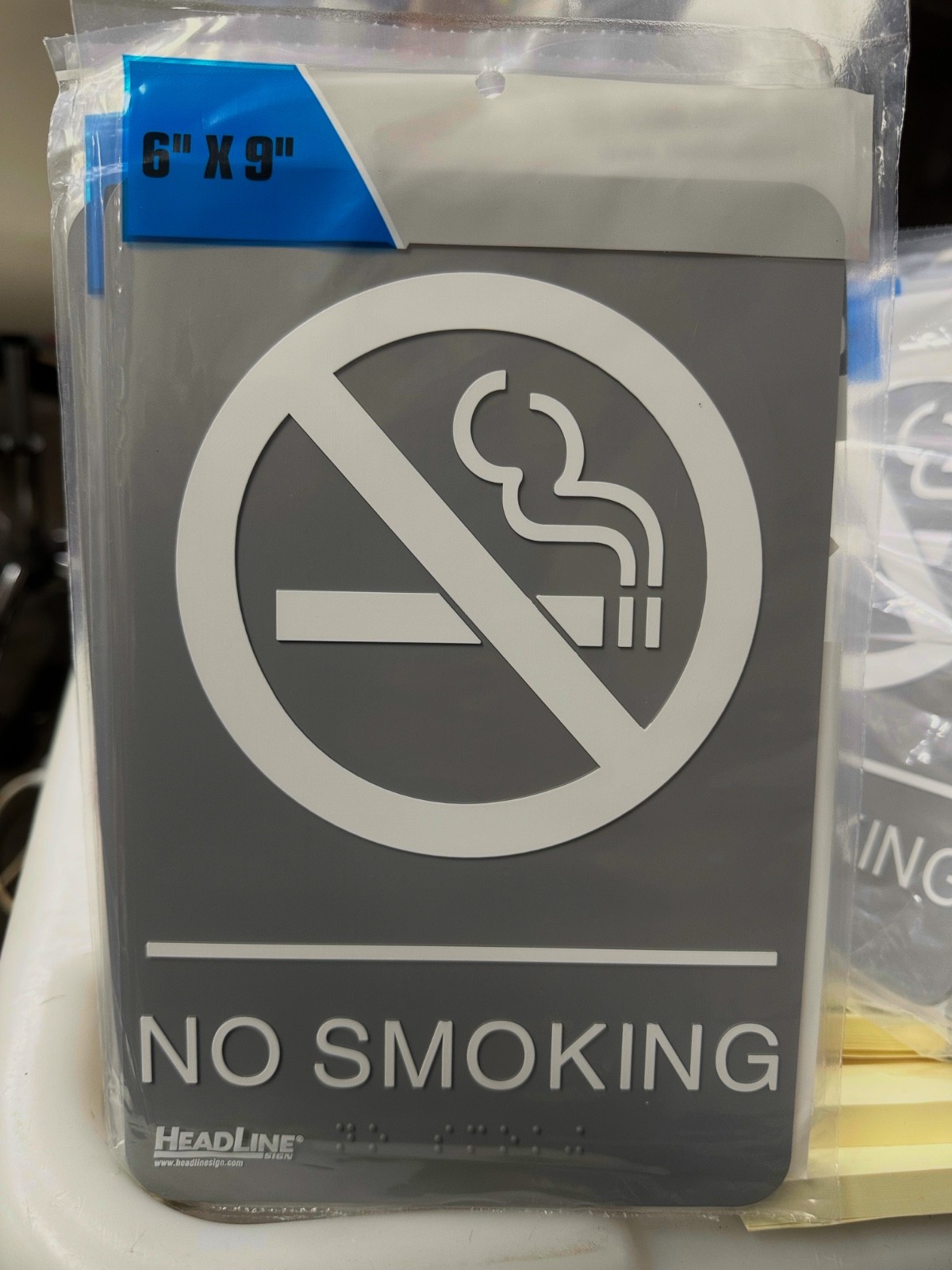 U.S. Stamp & Sign Headline® ADA « NO SMOKING » Sign, Gray/White, 6&Prime; x 9&Prime; 2PK