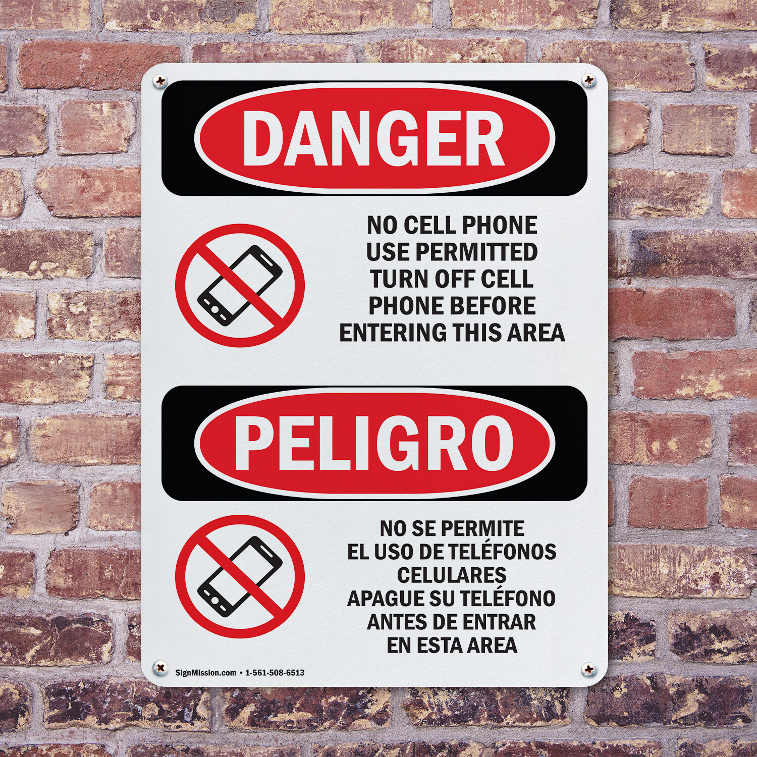 (2 Pack) No Cell Phone Use In Area Bilingual OSHA Danger Sign Decal Metal