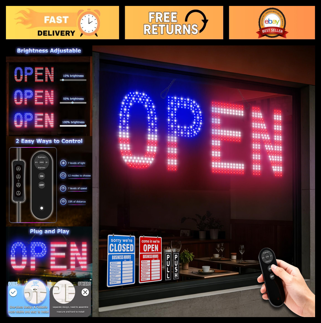 Large LED Open Sign for Business – 30&Prime;x10&Prime; Bright Remote Control, Dimmable, 12 M