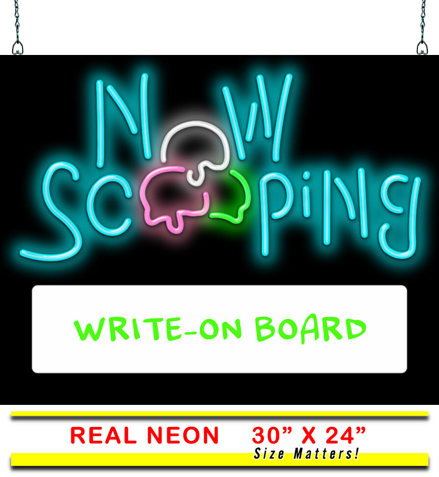 Now Scooping W/ Back Lit Write On Board Neon Sign Jantec 30&Prime; x 24&Prime; Change